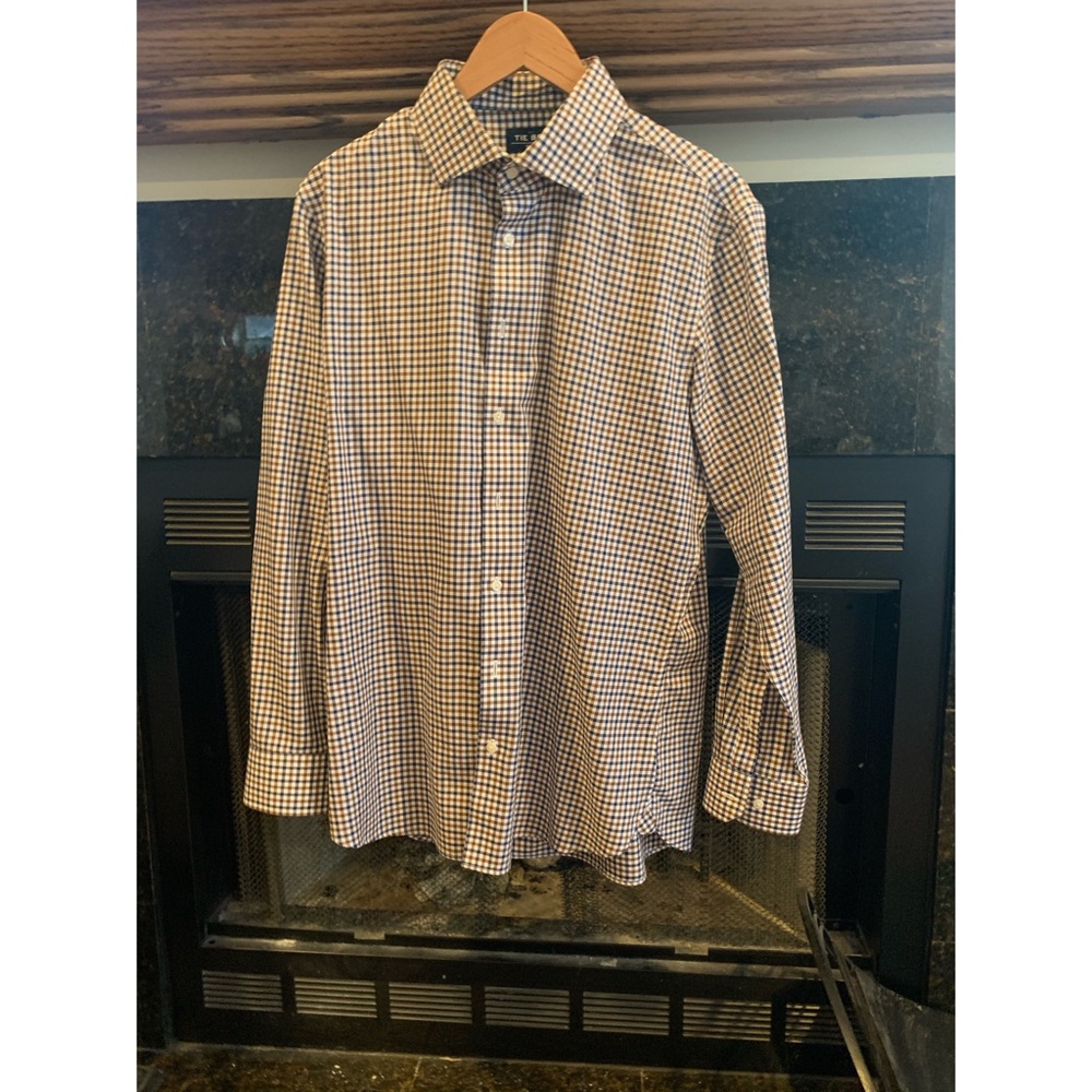 The tie bar navy and brown tattersall button up